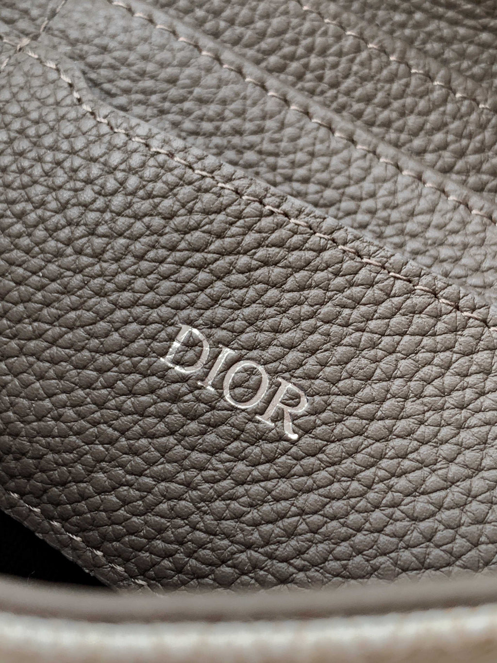 Dior bag pebbled leather close-up with engraved Dior logo