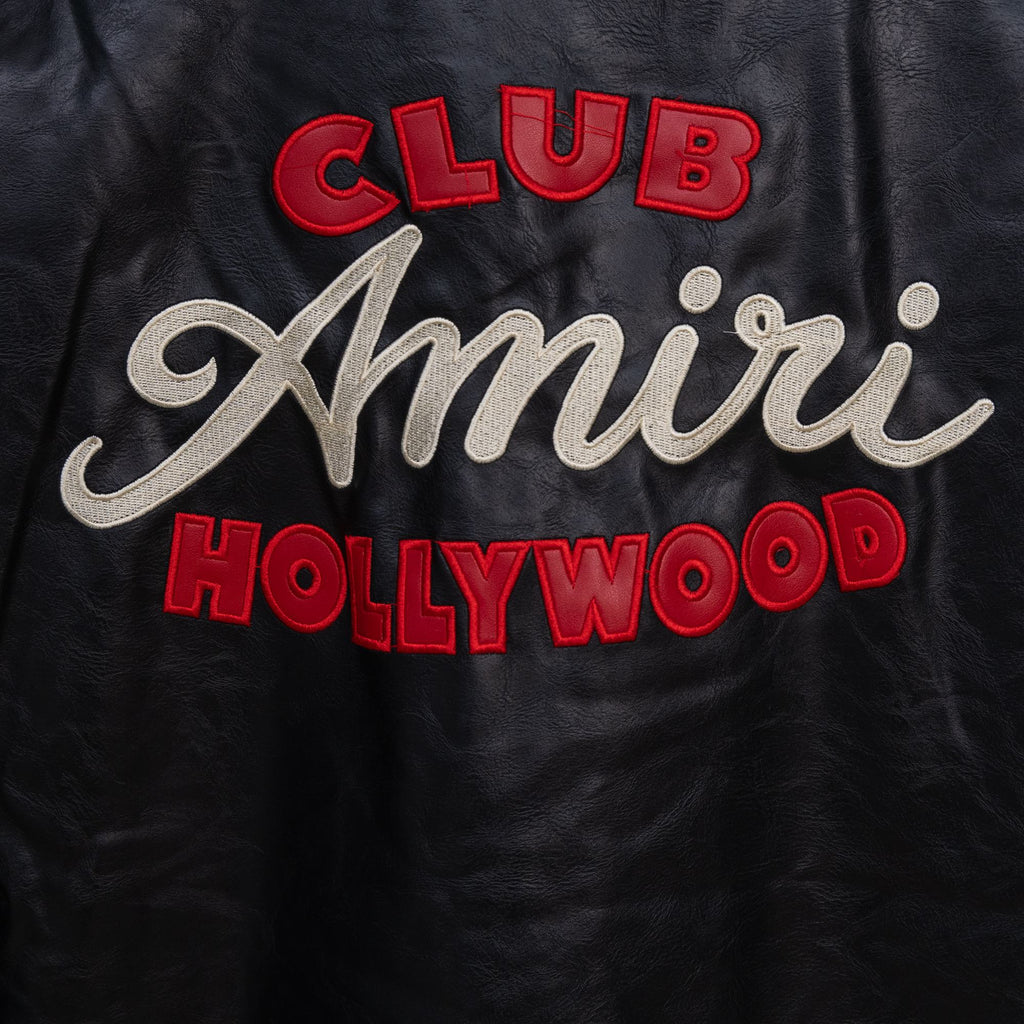 Amiri black leather jacket back graphic: “CLUB Amiri HOLLYWOOD”