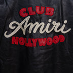 Amiri black leather jacket back graphic: “CLUB Amiri HOLLYWOOD”