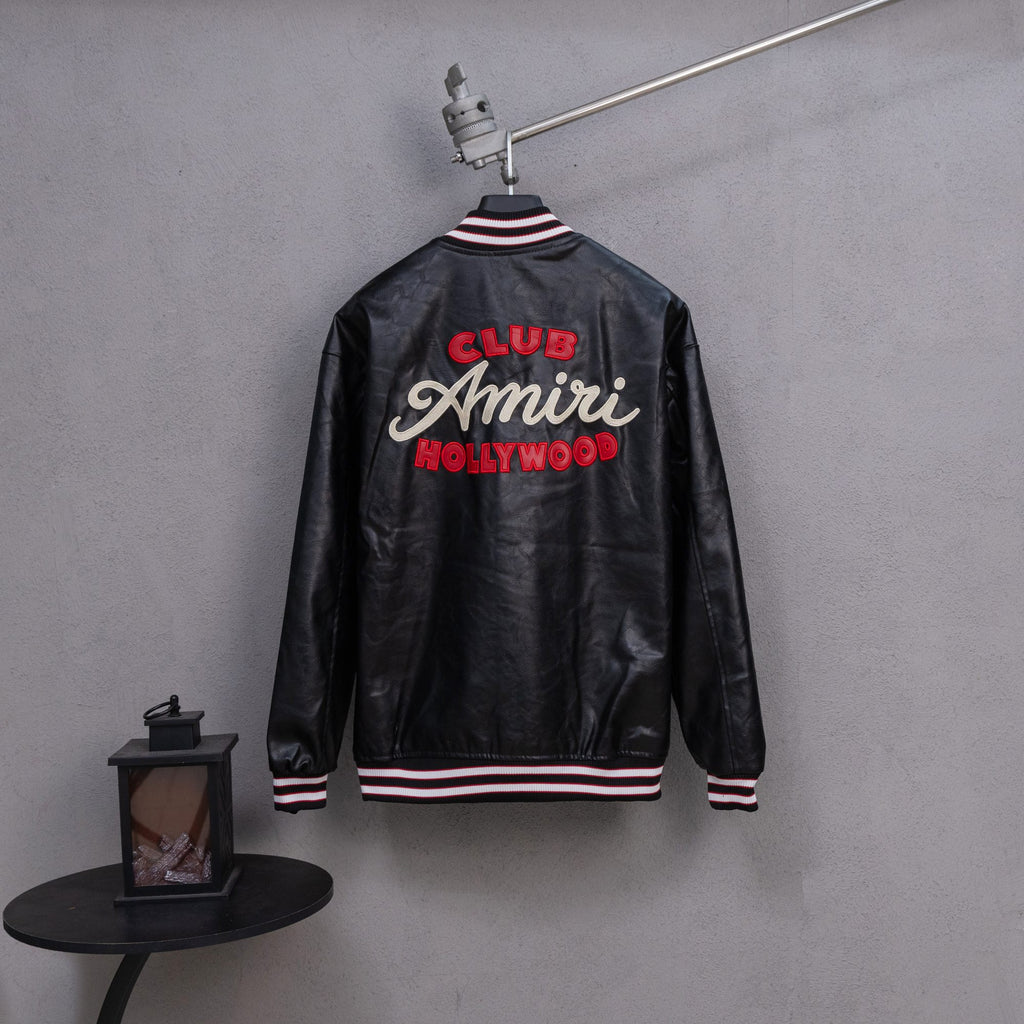 Amiri black leather bomber jacket back with “CLUB Amiri HOLLYWOOD” graphic