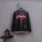 Amiri black leather bomber jacket back with “CLUB Amiri HOLLYWOOD” graphic