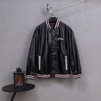 Amiri black leather bomber jacket with varsity striped collar and front zip closure