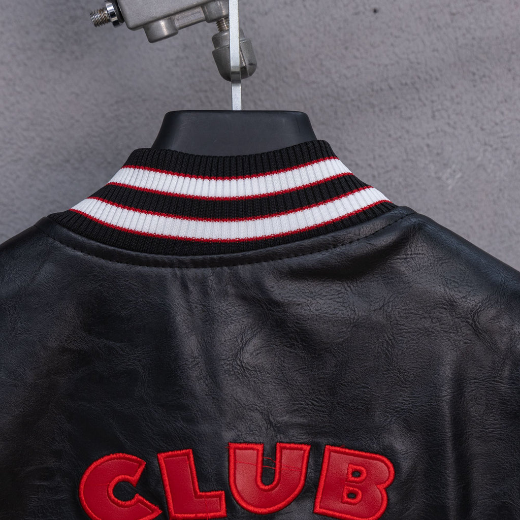 Amiri black leather jacket with ribbed mock neck collar in red, white, and black stripes