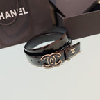 Chanel leather belt, black glossy strap with gold CC emblem and small logo buckle