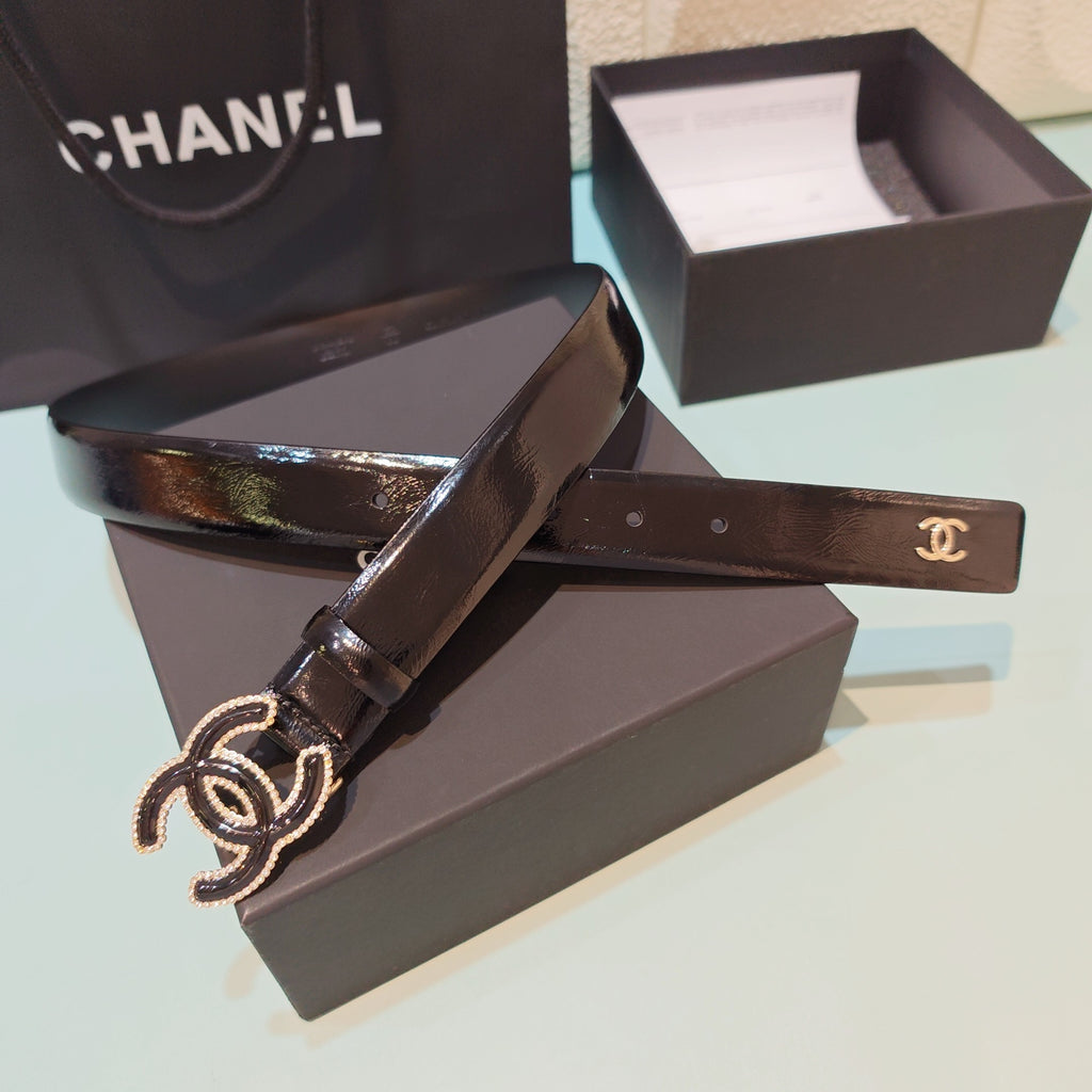 Chanel leather belt, dark brown leather with stitched CC emblem and logo buckle
