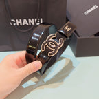 Chanel leather belt, black strap with large CC emblem, polished gold-toned buckle
