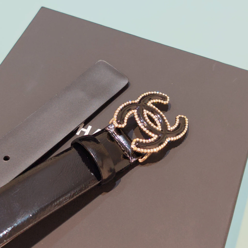Chanel leather belt, black strap with beaded CC emblem and square logo buckle