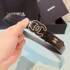 Chanel leather belt, black strap, CC logo buckle with gold trim