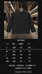 Black button-up jacket with size chart overlay