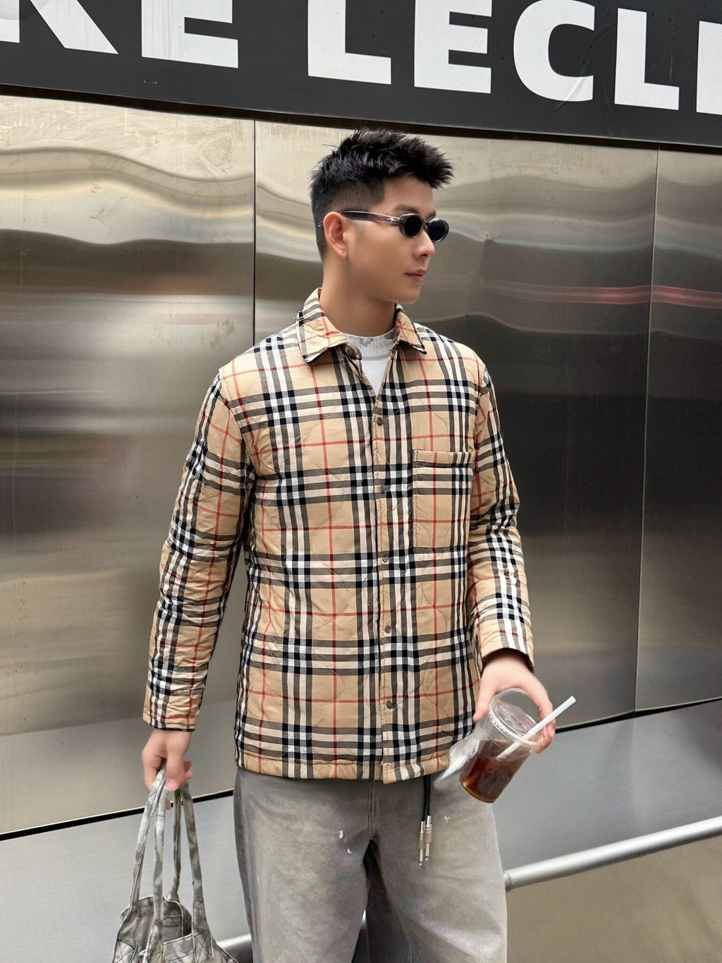 Plaid button-up jacket in beige with navy and red checks