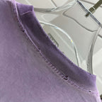 Off White lavender T-shirt collar close-up with ribbed neckline and top seam