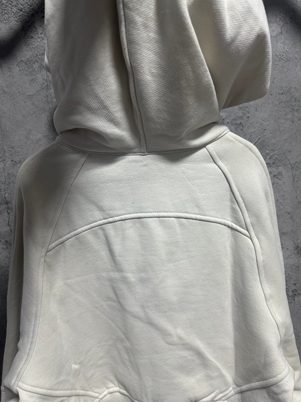 Ralph Lauren zip hoodie, light cream, back view with curved shoulder seams