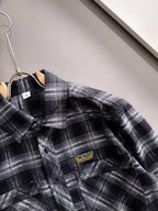 Fendi plaid long-sleeve shirt close-up, buttoned pocket and logo patch