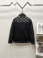 Black denim jacket with LV-style monogram print, back view, buttoned front and metal snaps