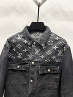 Black denim jacket with LV-style monogram print, spread collar, two chest flap pockets