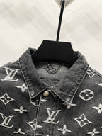 Black denim jacket with LV-style monogram print, denim collar and gold-tone buttons