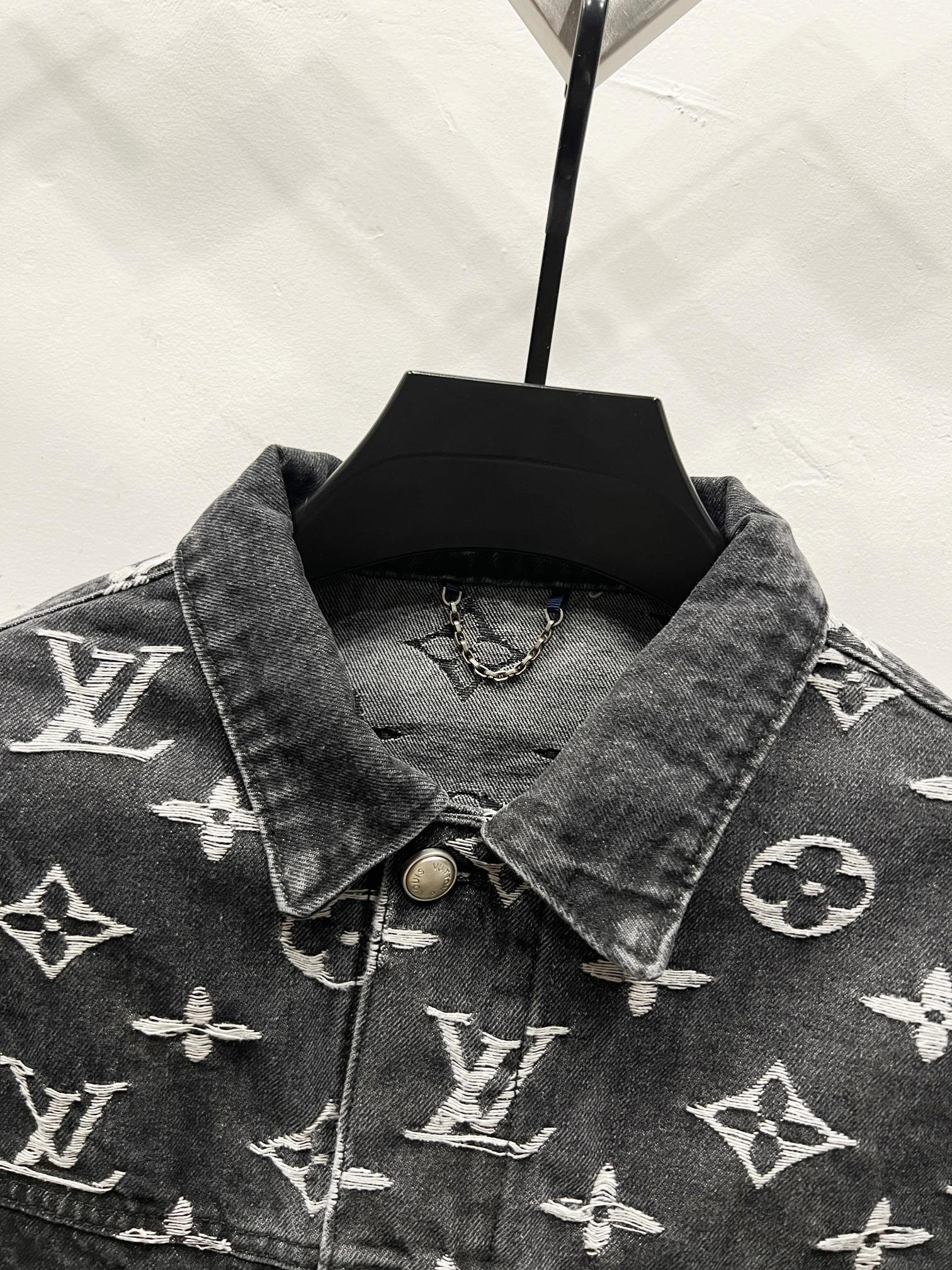Black denim jacket with LV-style monogram print, denim collar and gold-tone buttons
