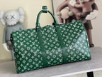 Men’s Louis Vuitton green monogram duffel bag with top handles and front view