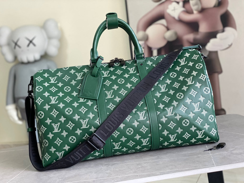 Louis Vuitton green monogram tote bag with top handles and crossbody strap