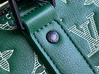 Men’s Louis Vuitton green monogram duffel bag close-up of logo rivet on strap
