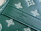 Men’s Louis Vuitton green monogram duffel bag close-up of stitched leather trim