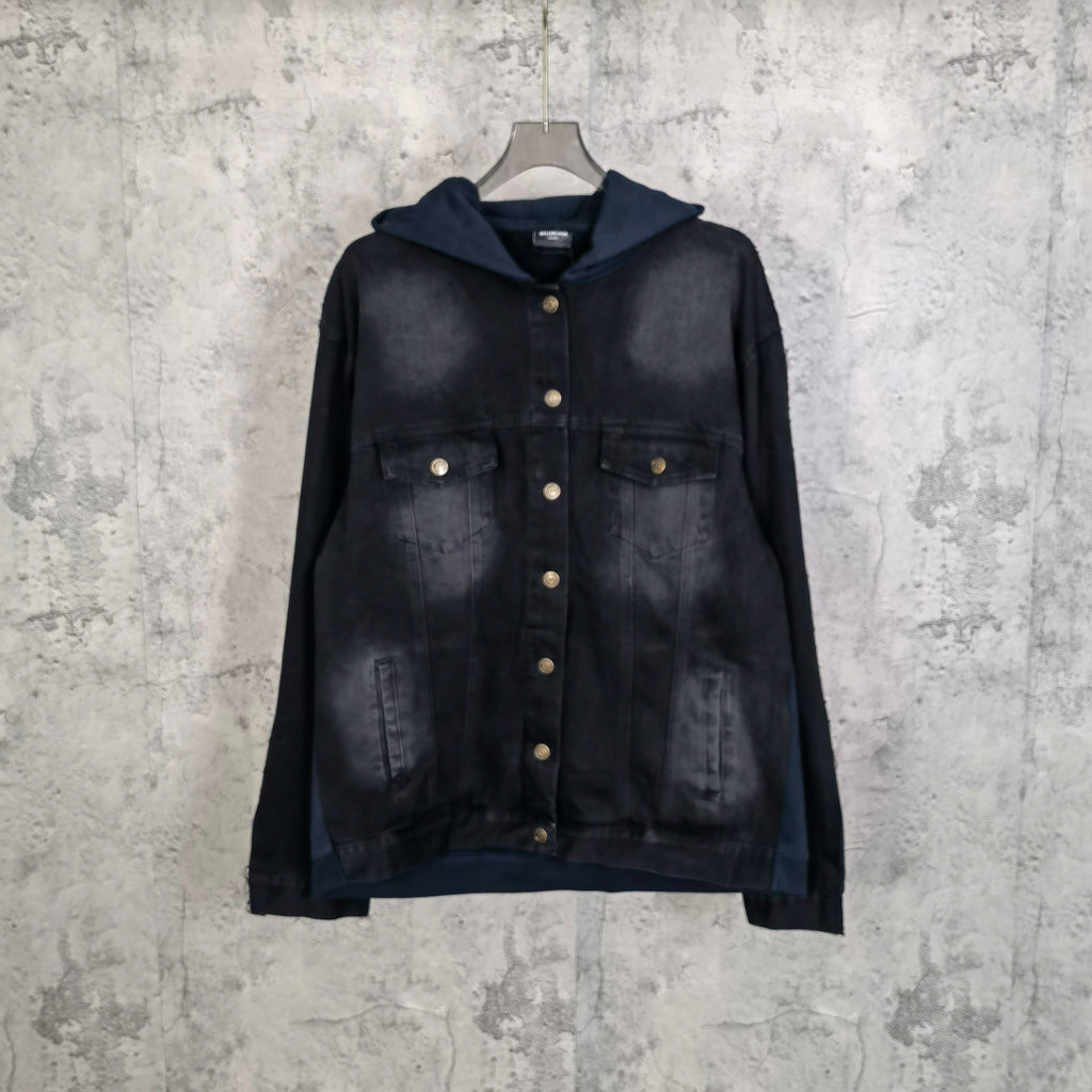 Navy hooded denim jacket with snap front and chest pockets, long sleeves.