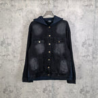 Navy hooded denim jacket with snap front and chest pockets, long sleeves.