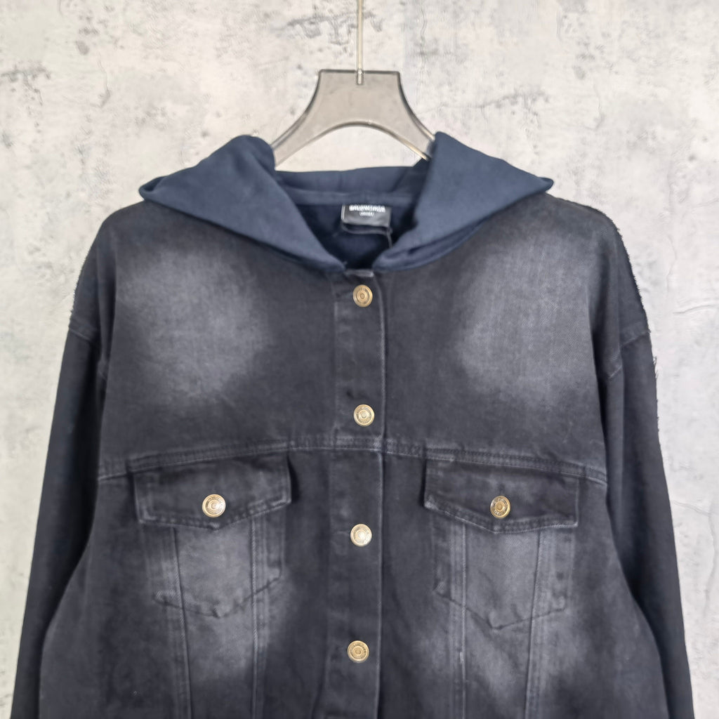 Navy hooded denim jacket with gold snap buttons and two chest pockets.