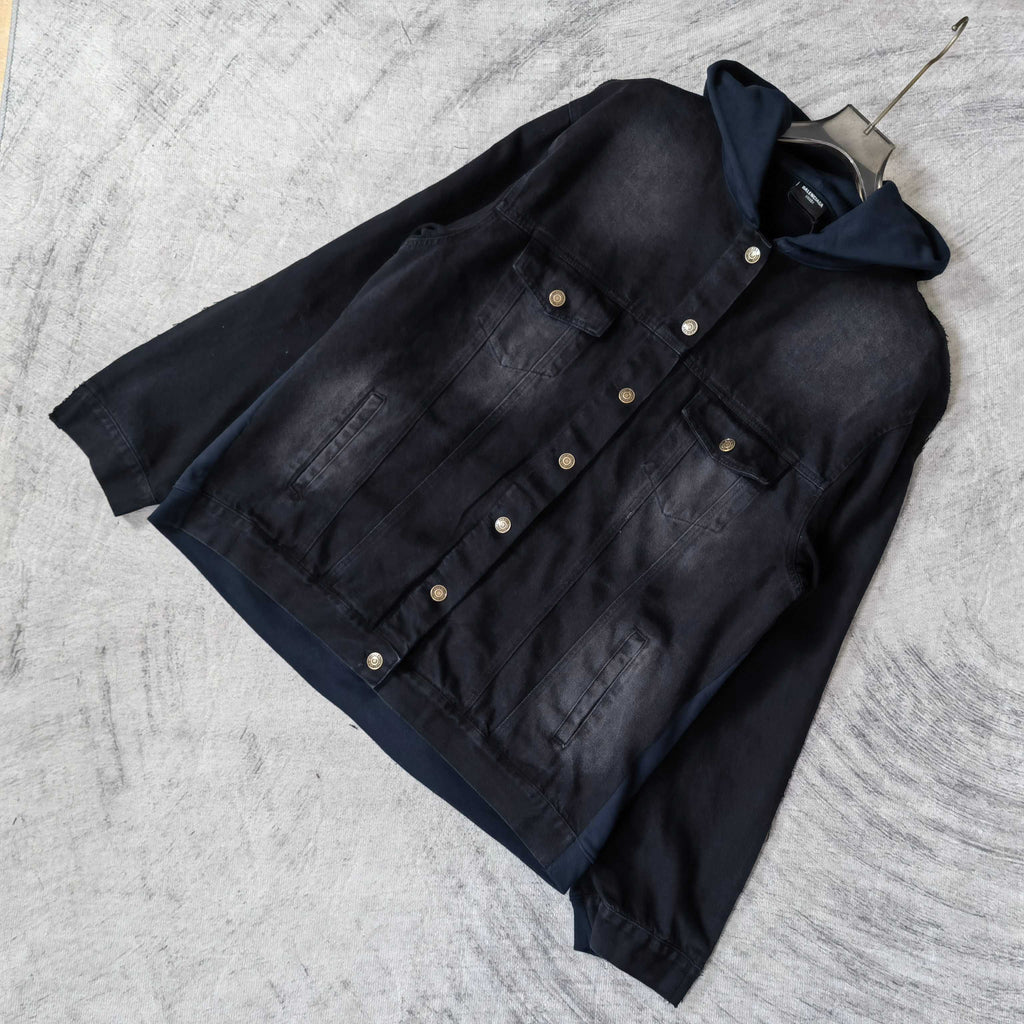 Navy hooded denim jacket with snap front and two chest pockets, laid diagonally.