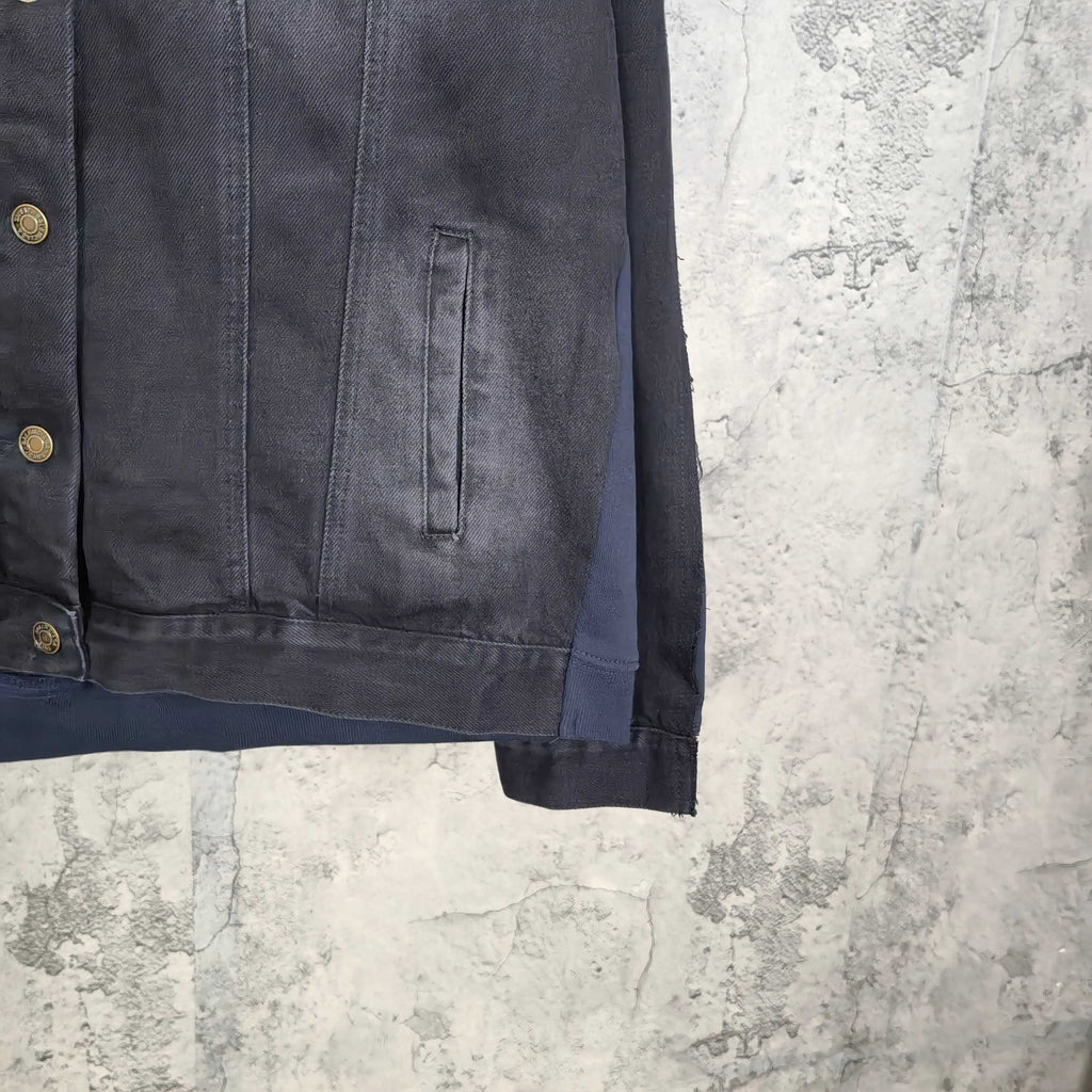 Balenciaga long denim jacket, dark blue sleeve with stitched patch pocket detail