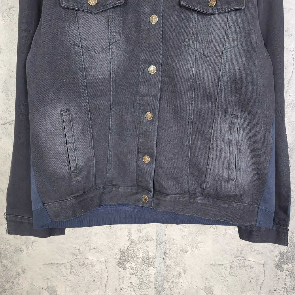 Balenciaga long denim jacket, dark blue with snap buttons and chest pockets