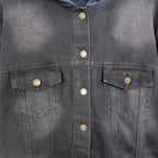 Balenciaga long denim jacket, close-up of snap buttons and flap chest pockets