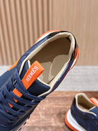 Hermes unisex navy sneakers, orange logo label on tongue, lace-up, white sole