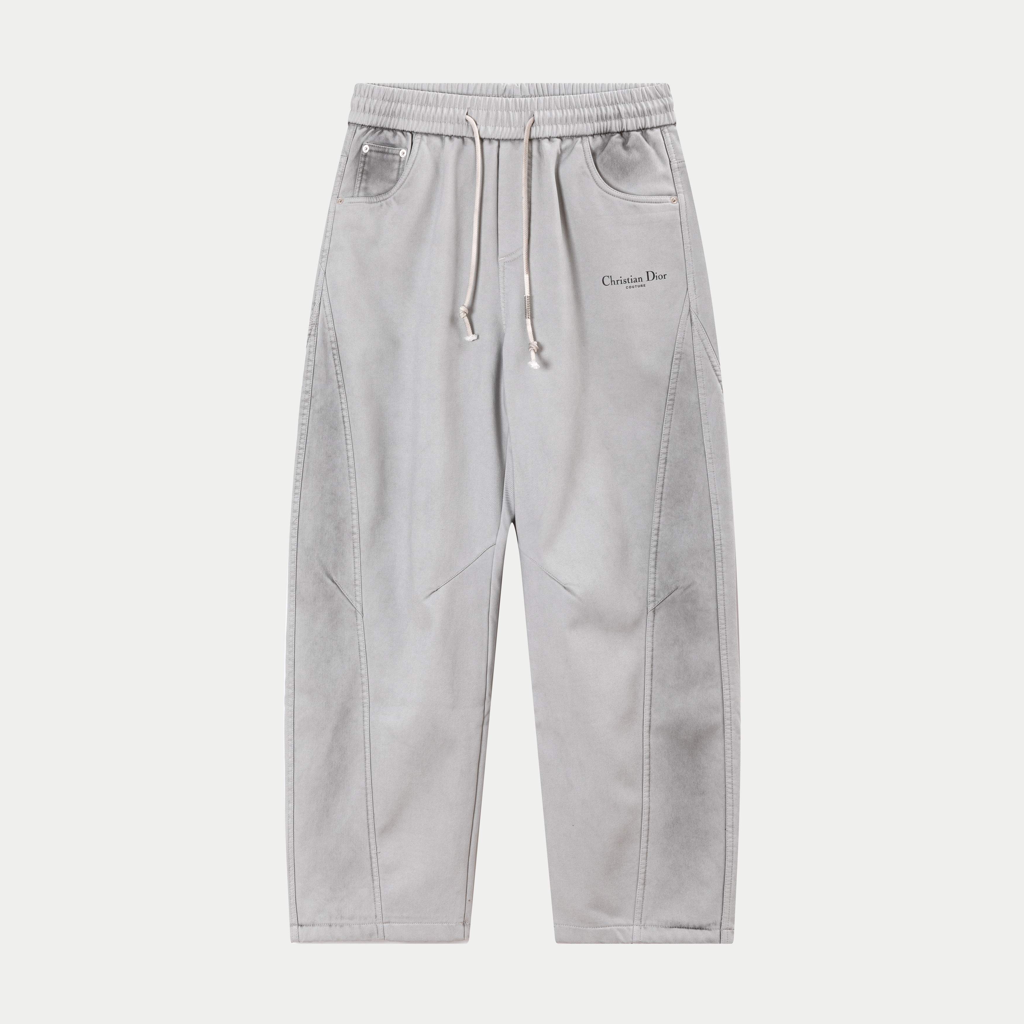 Light gray drawstring pants with elastic waistband and side pockets