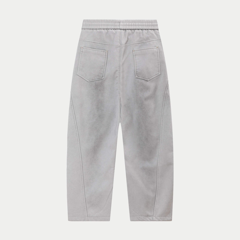 Light gray pants with elastic waistband and two front patch pockets