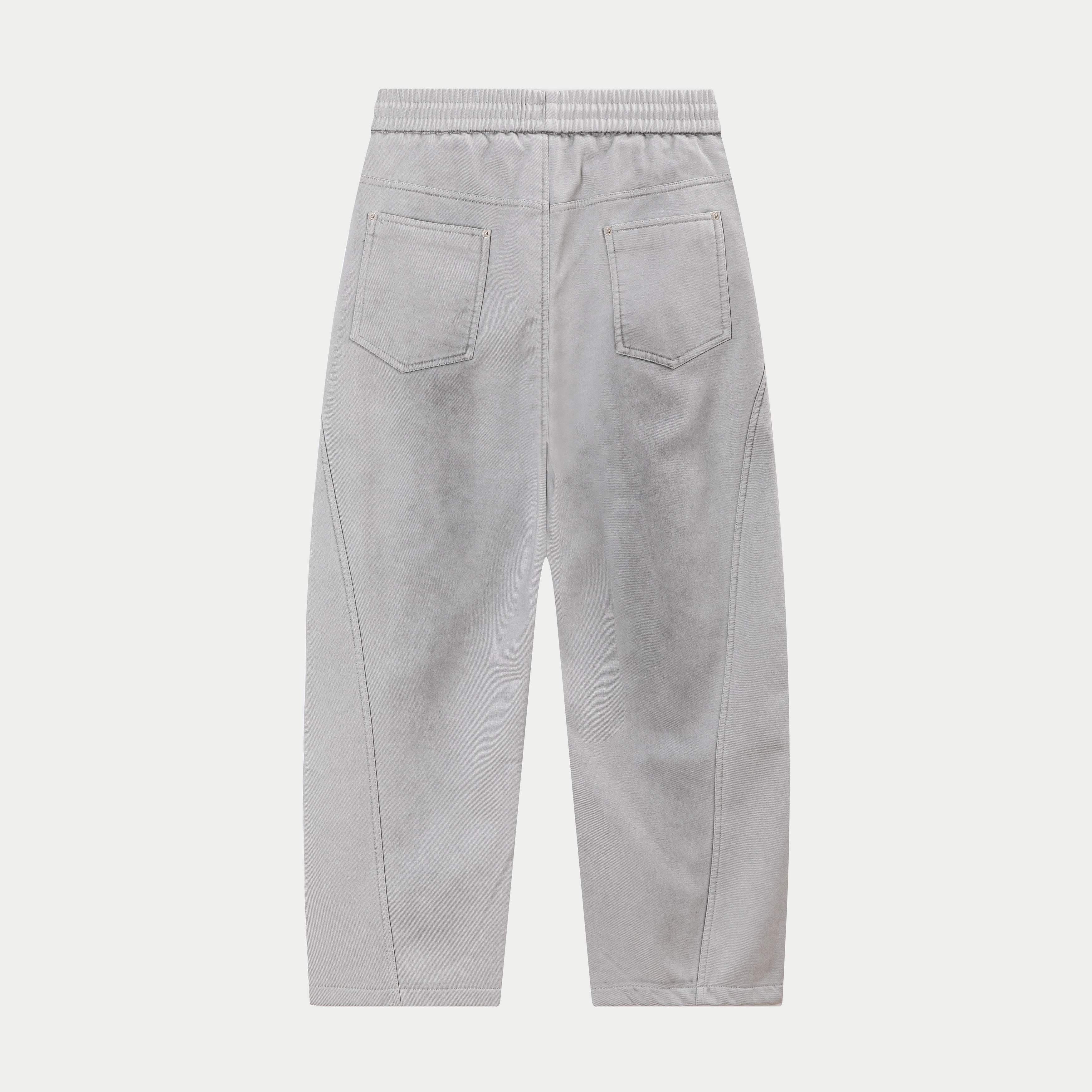 Light gray pants with elastic waistband and two front patch pockets