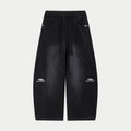 Black drawstring waist pants with side pockets and logo at hem cuffs