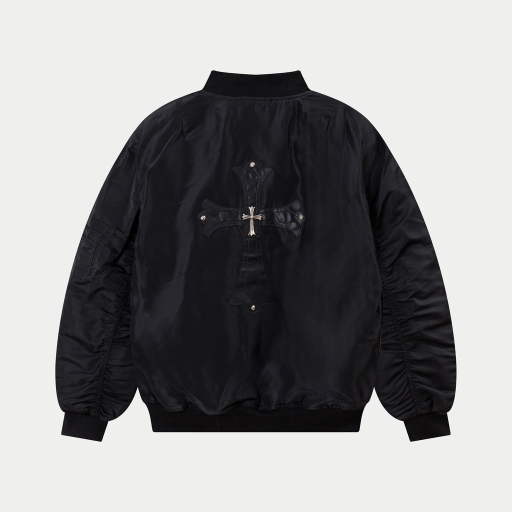 Black bomber jacket with back graphic cross patch and ribbed hem