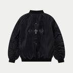 Black bomber jacket with back graphic cross patch and ribbed hem