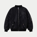 Black bomber jacket with front zipper, ribbed collar, and chest decorative patches