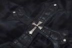 Black bomber jacket with stitched cross design and silver snap buttons