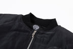 Black bomber jacket neckline with zip closure and small chest emblem