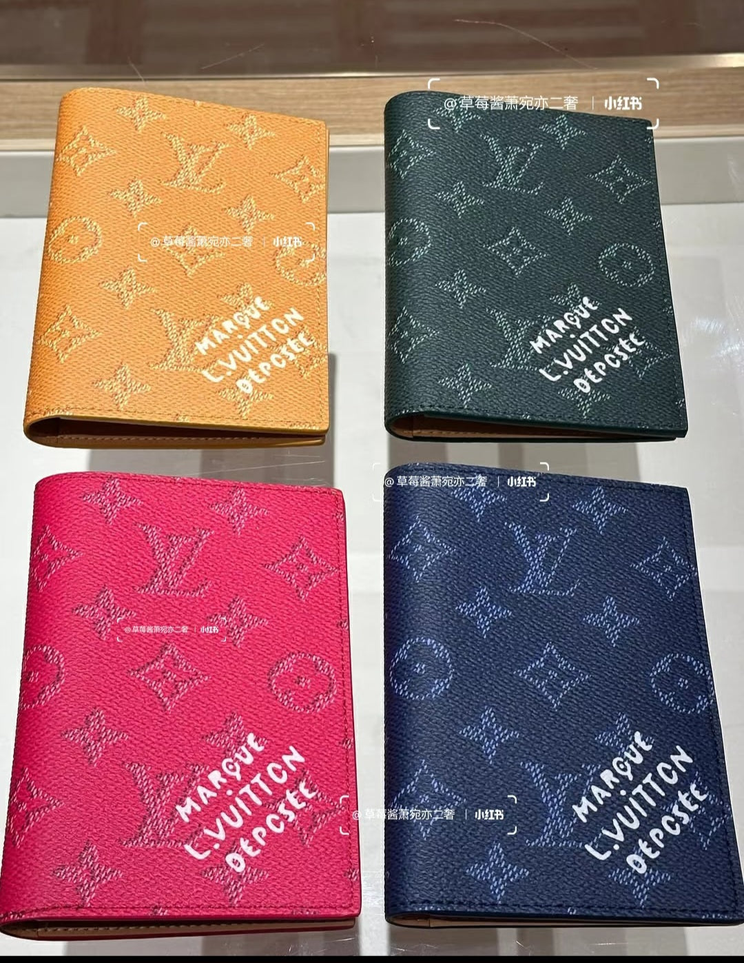 Four Louis Vuitton small pouches with monogram print in orange, green, pink, and blue