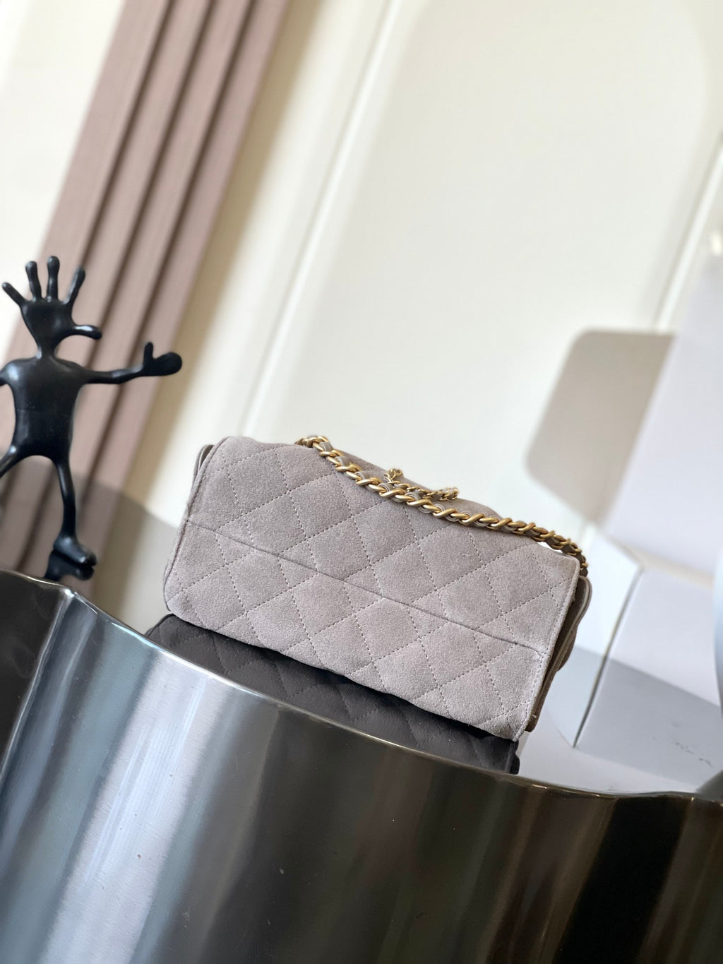 Chanel quilted flap bag, light gray fabric, gold chain shoulder strap