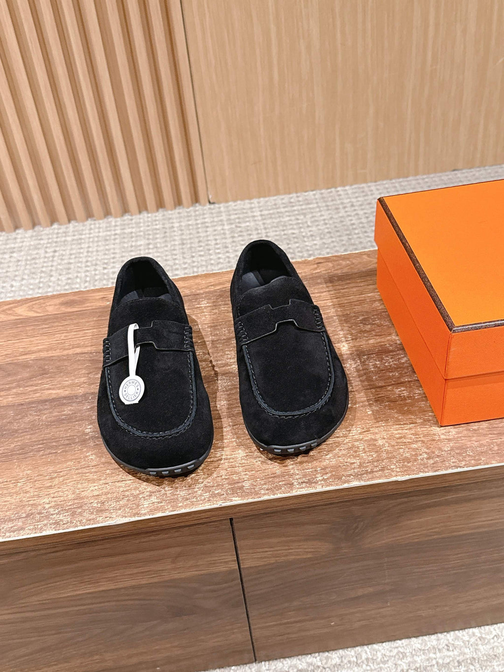 Hermes unisex black suede loafers with buckle strap and front logo emblem