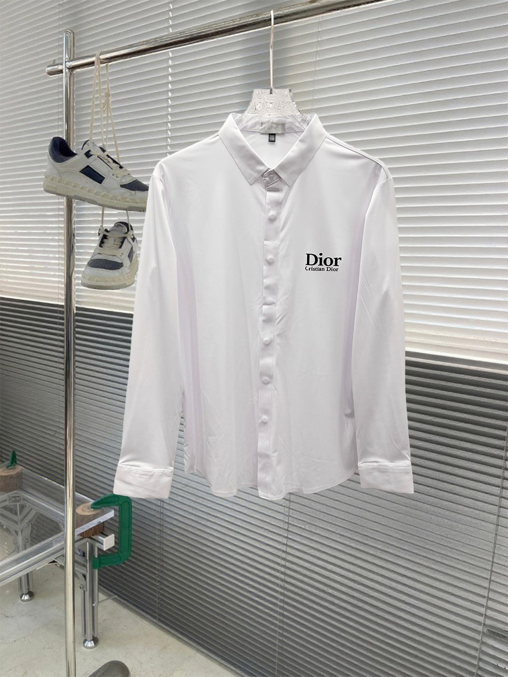 Long-sleeve white button-up shirt with Dior logo on chest