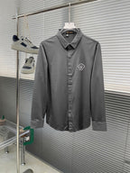 Versace button-up dress shirt, grey with crest logo on chest.