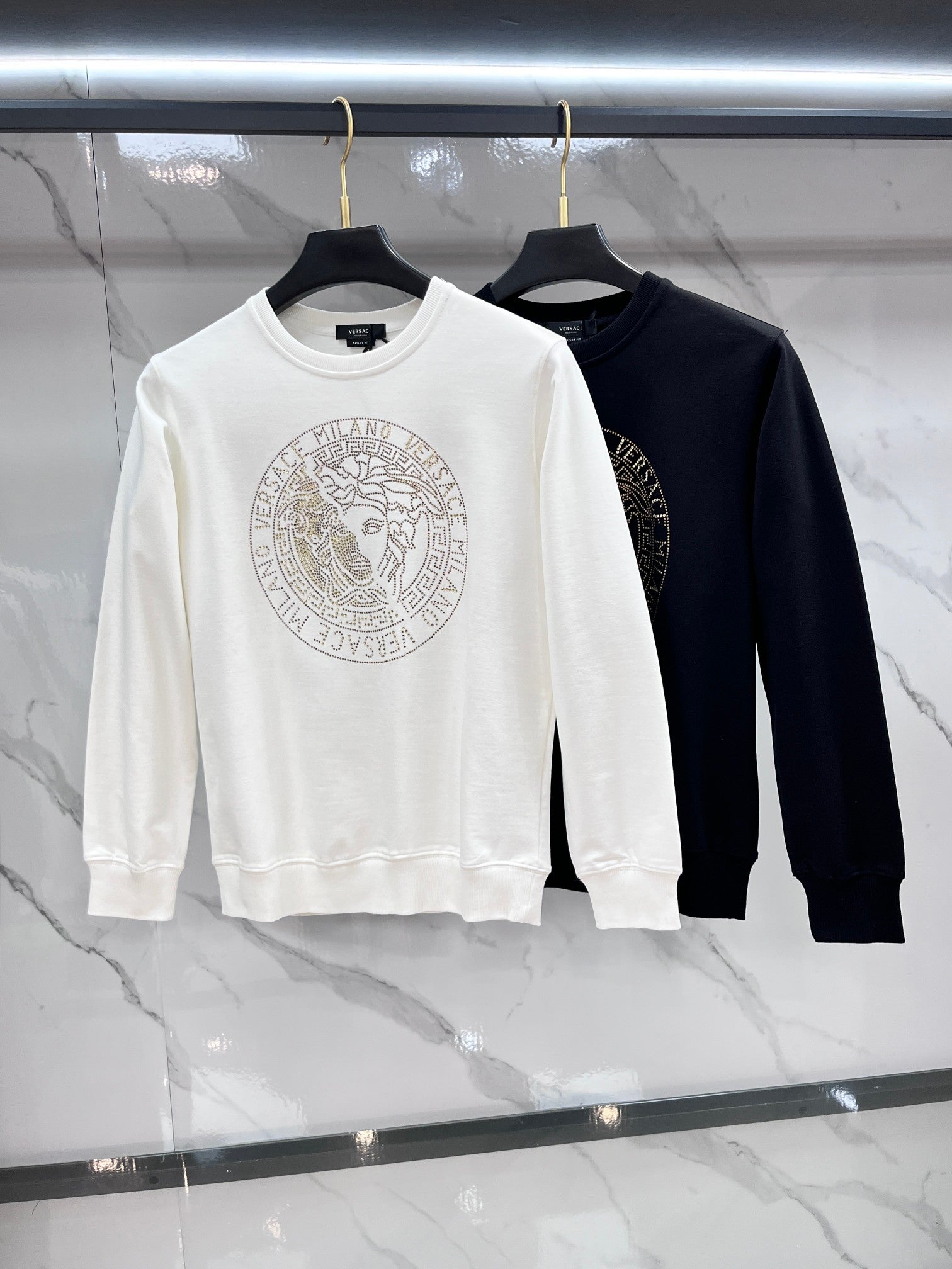 Versace crewneck sweatshirt set: white and dark with rhinestone Medusa logos
