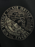 Versace crewneck sweatshirt front rhinestone Medusa seal on dark fabric