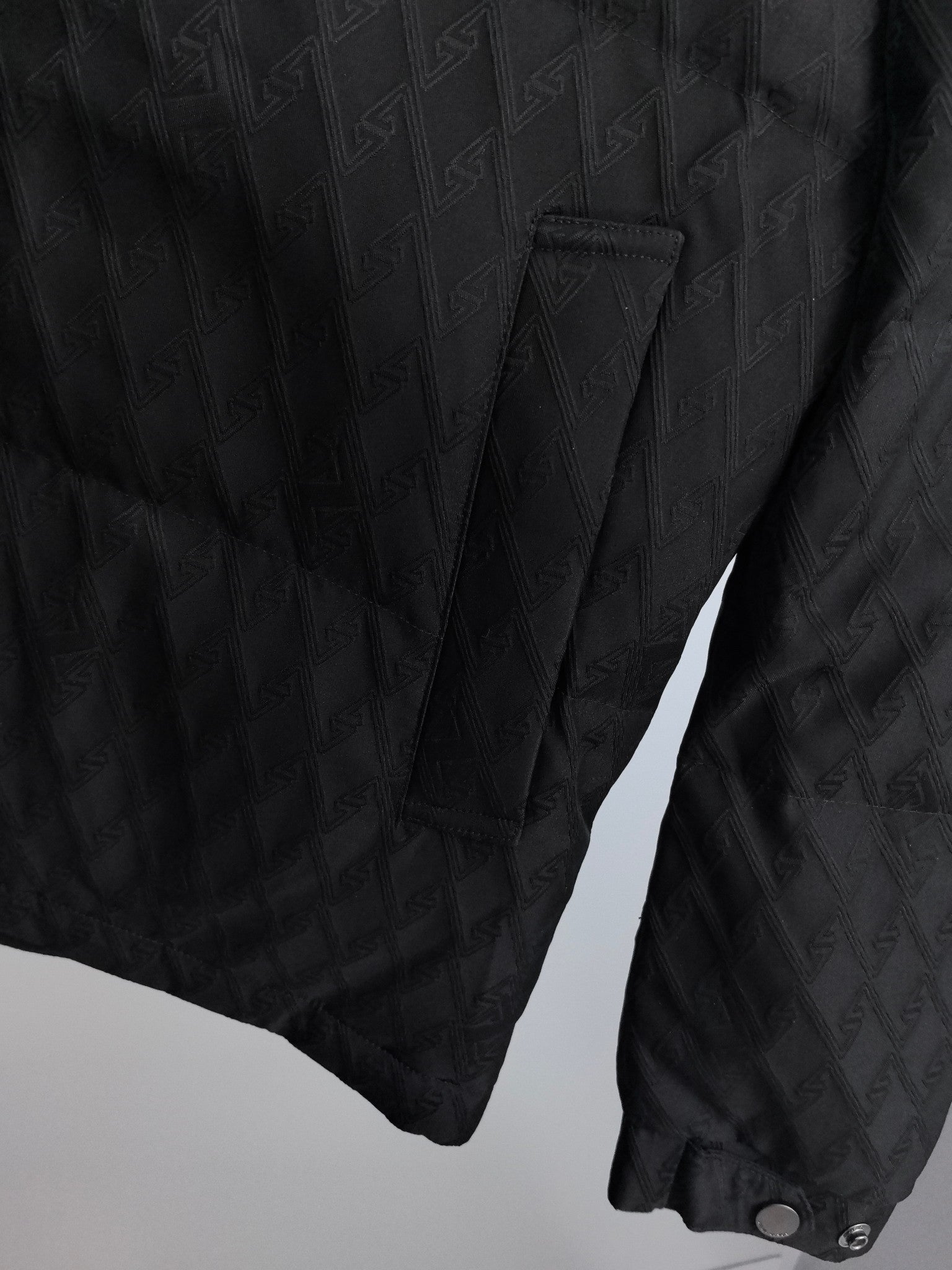 Black quilted jacket sleeve and hem detail with cuff snap buttons